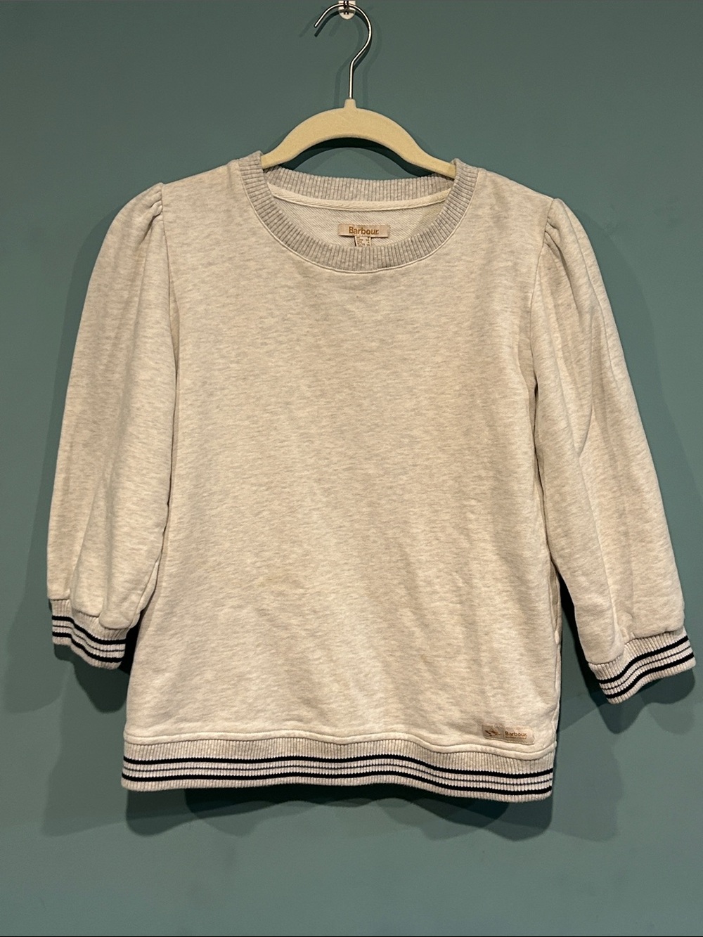 Barbour Marina Fogle Pemberton Overlayer Sweatshirt sz 4 Gray Blue Striped Hem